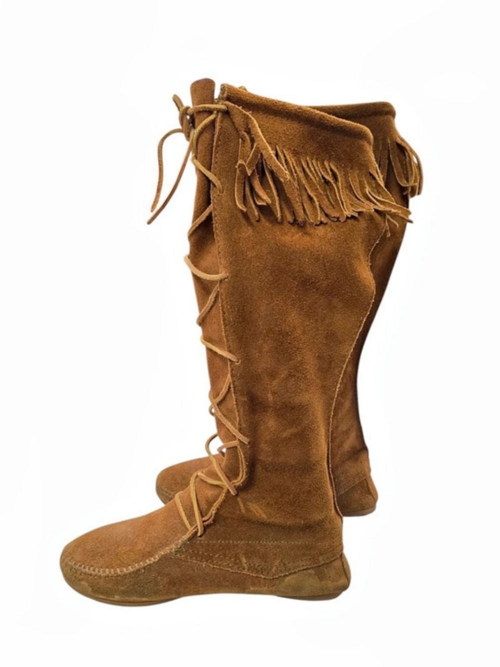 Minnetonka Front Lace Hardsole Knee-High Suede Fringe Boot Brown Boots
